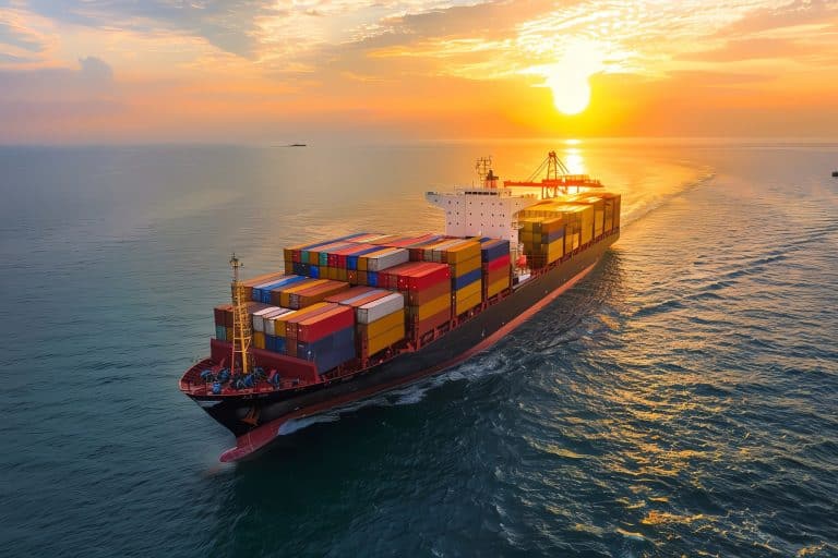 A cargo ship carrying containers sailing in the sea at sunset viewed from above In the style of Royalcore global container shipping company
