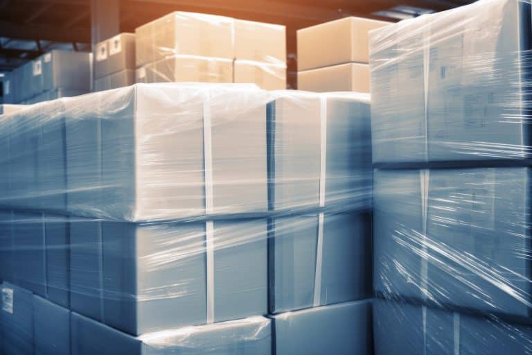 Cardboard boxes on a pallet wrapped in plastic wrap ready for delivery in a warehouse logistics warehouse delivery concept background Generative AI